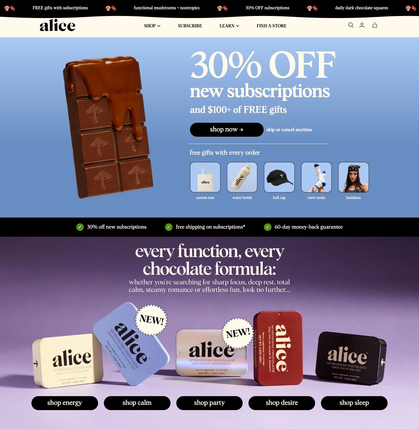 The front page of alicemushrooms.com: the alice wordmark over a chocolate bar embossed with mushrooms, and below it the line every function, every chocolate formula over the tins for energy, calm, party, desire and sleep. Source: alicemushrooms.com, captured September 25, 2026.